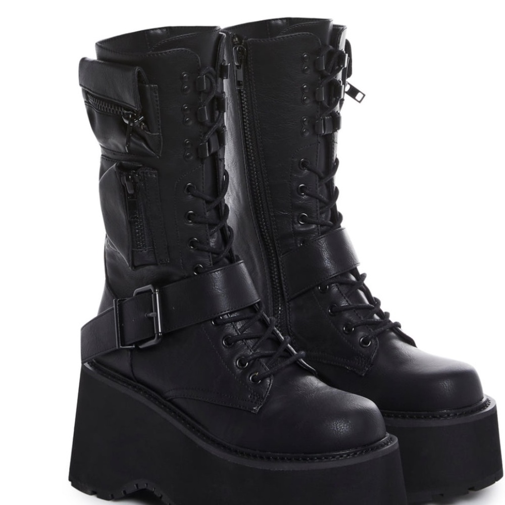 Dolls Kill Black Platform Lace-Up Moto Boots with Side Zipper Pocket